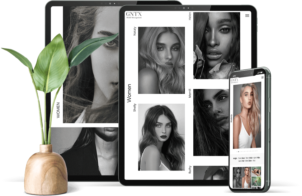 מוקאפ אתר GNTX Models בתצוגה בטאבלט ובטלפון